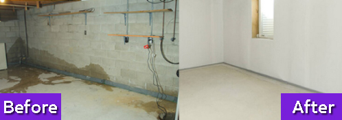 before and after of a basement waterproofing job